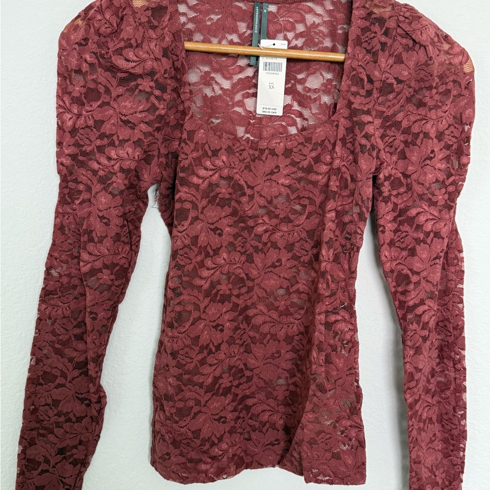 Anthropologie Lace Puff Sleeve Blouse - Burgundy